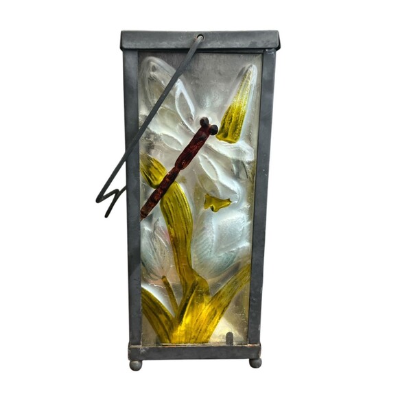 Lantern Stained Glass Style Dragonfly Floral 10" X 4" X 4" - Picture 4 of 6